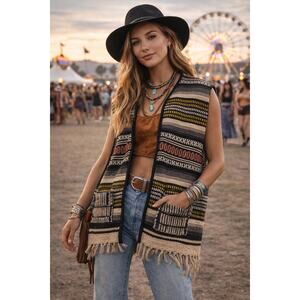 Vintage 70s Mexican Handwoven Boho Vest Poncho S/M Festival Western ArtisanMade